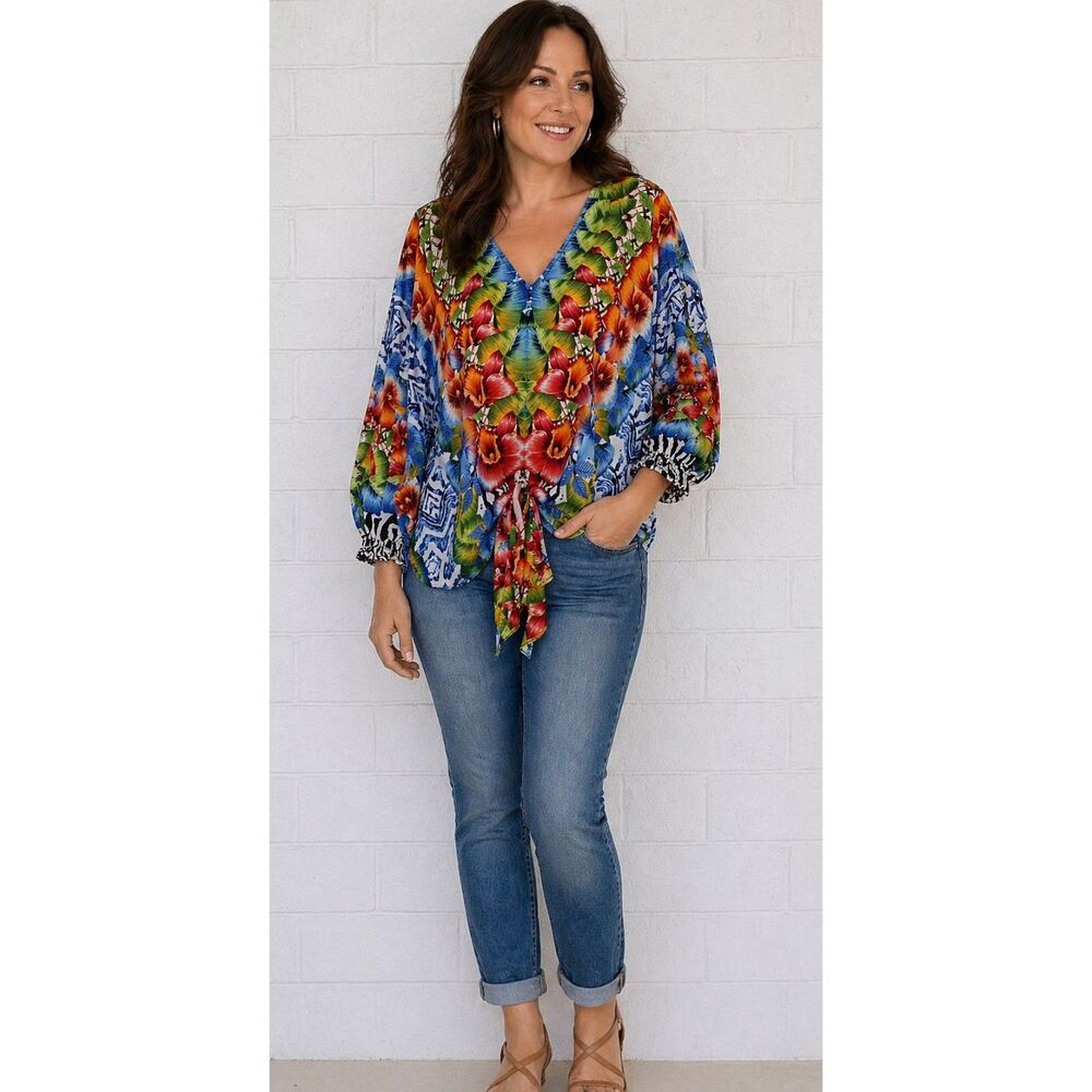 Alberto Makali M Oversized Colorful Brazilian Garden Dolman Sleeve Tie Front Top